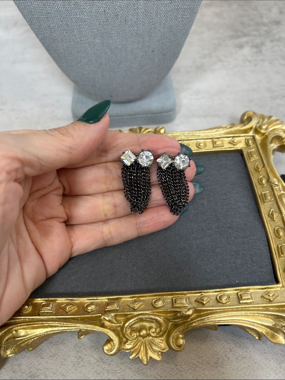 Sexy Crystal Stud & Black Chain Fringe Earrings